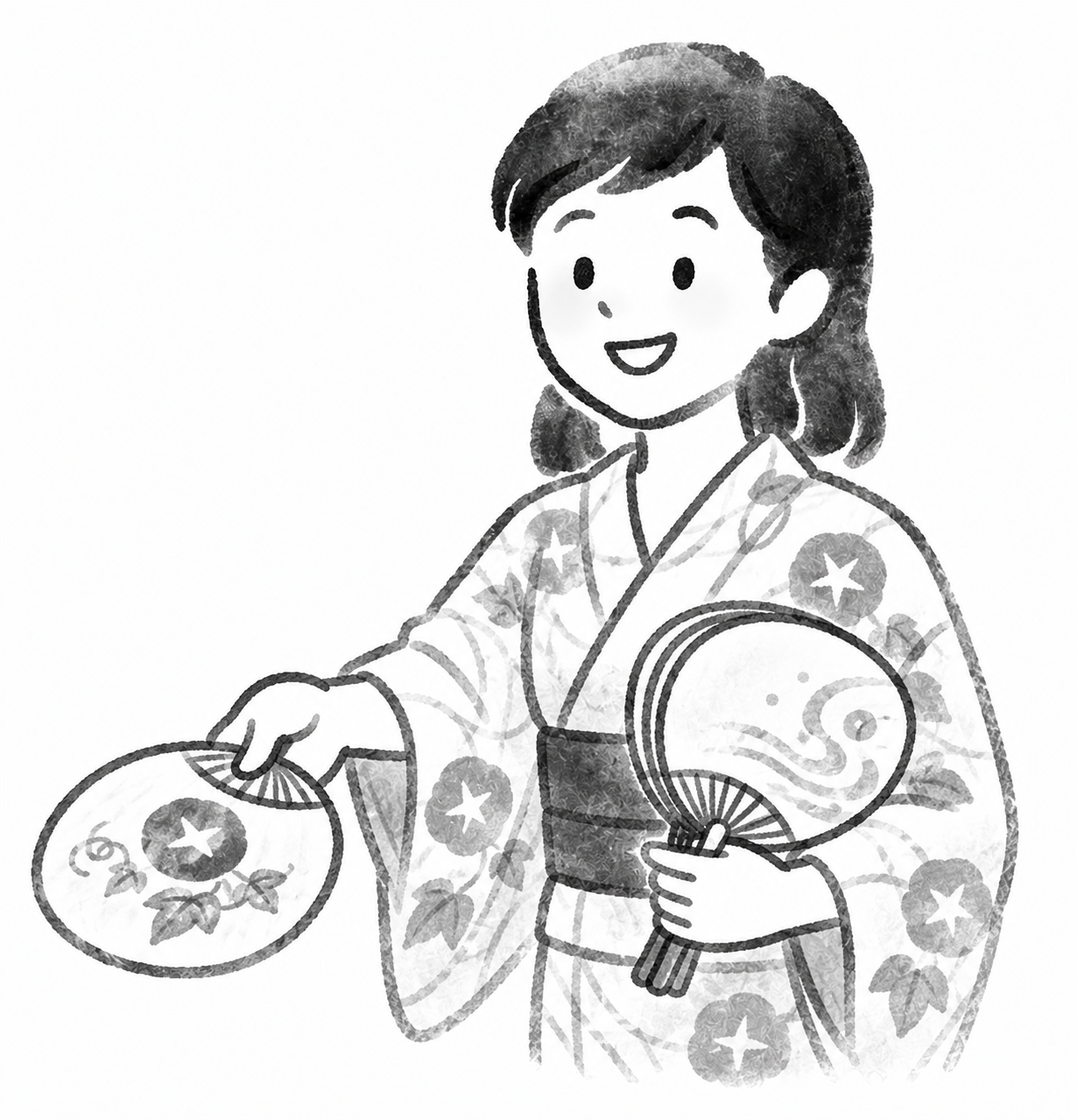 浴衣姿の女性の墨絵イラスト
